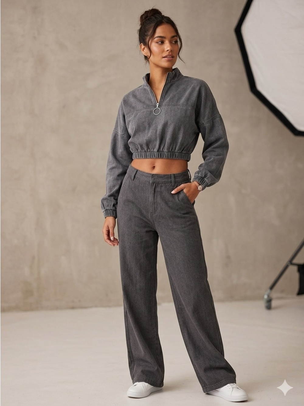 Motel Rocks Washed Charcoal Cropped Quarter-Zip Sweatshirt
